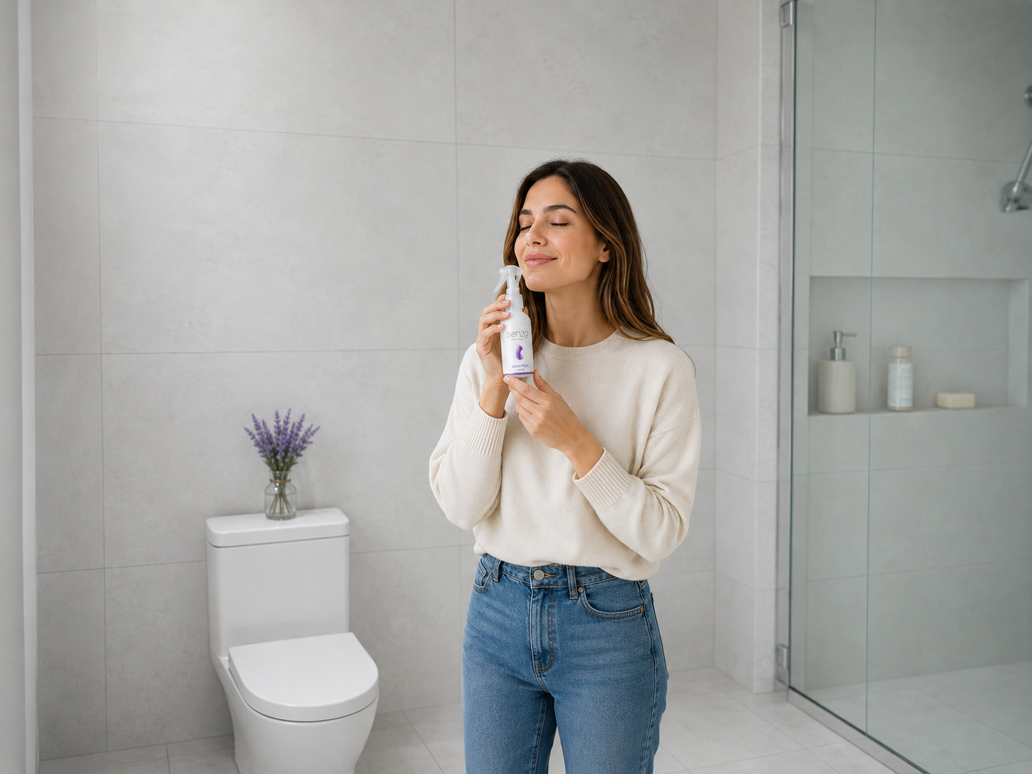 Mujer disfrutando del aroma de Senza Lavanda en el baño